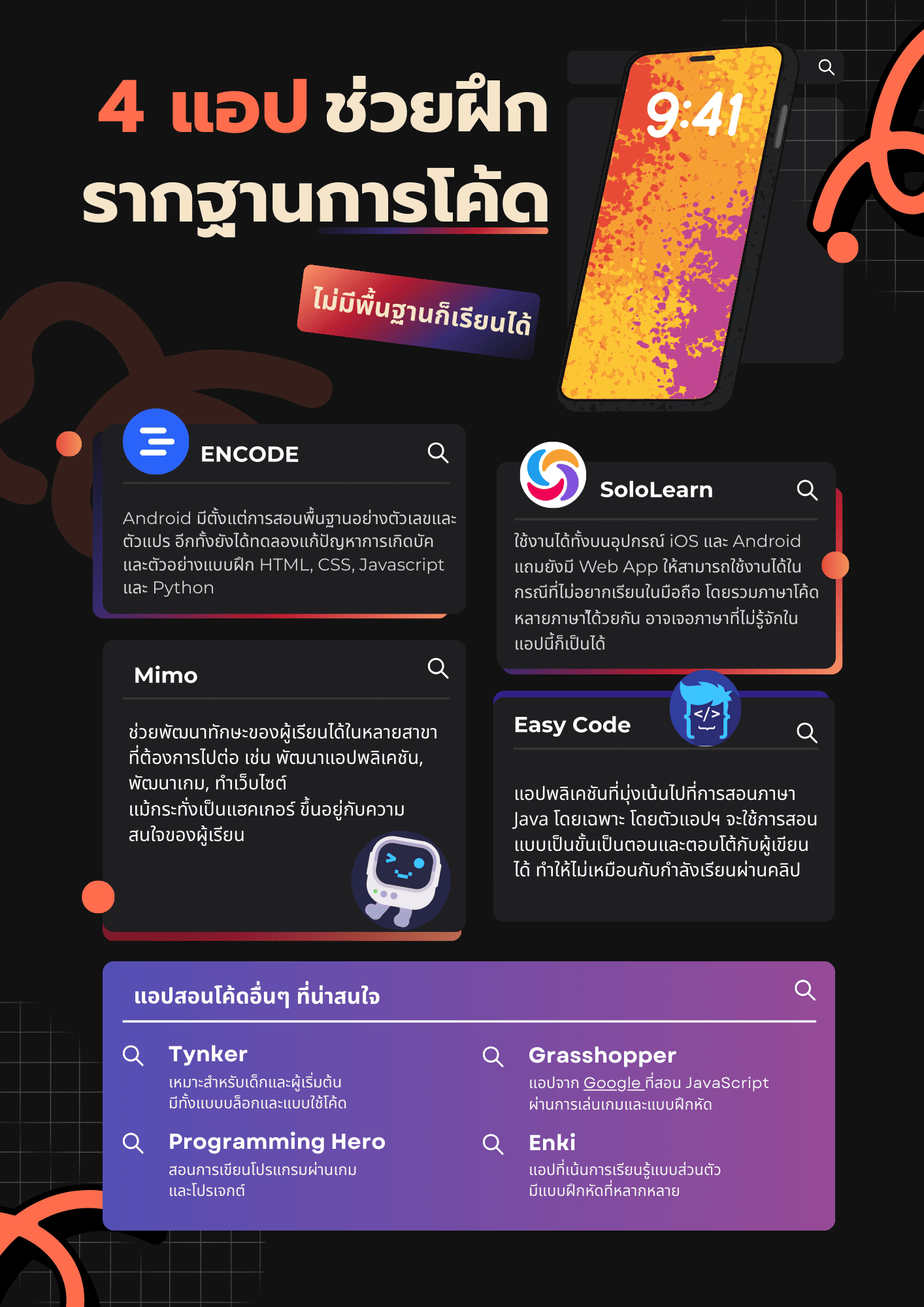 4 แอปช่วยฝึกรากฐานการโค้ด infographic